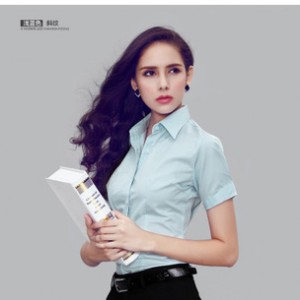 细斜纹短袖夏季职业修身女衬衫 V领ol气质女装白/粉/蓝色图2