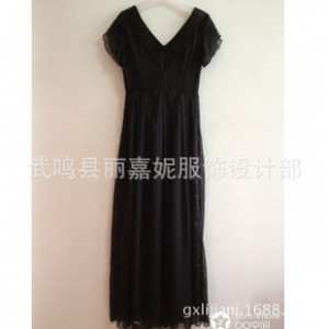厂家直销 V领黑色小花边短袖长裙 连衣裙 雪纺长裙 长裙批发图3