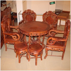 [红连地]缅甸花梨餐桌 花梨竹节圆桌七件套 红木圆餐桌